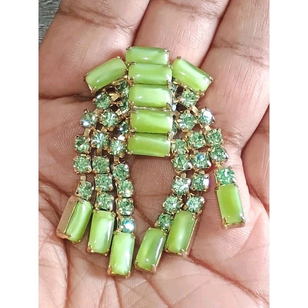 Mid Century Green Rhinestone Faux Moonstone Gold Tone Waterfall Vintage Brooch
